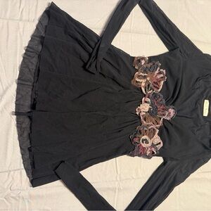 Elana Kattan Black Long Sleeve Top Floral Embroidery whimsigoth small vintage